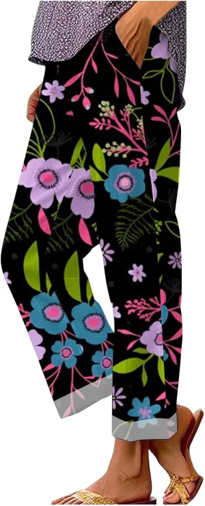 Palazzo Pants Women High Waist Wide Leg Printed Linen Pants Plus Size Summer Beach Trousers Flowy Comfy Lounge Pants
