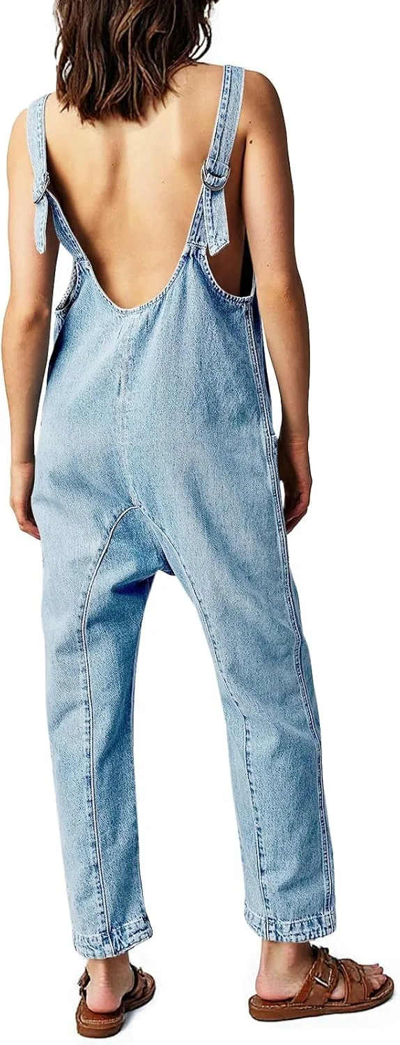 PLNOTME Women's Denim Overall Jumpsuits Sleeveless V Neck Adjustable Straps Jeans Long Pants Rompers
