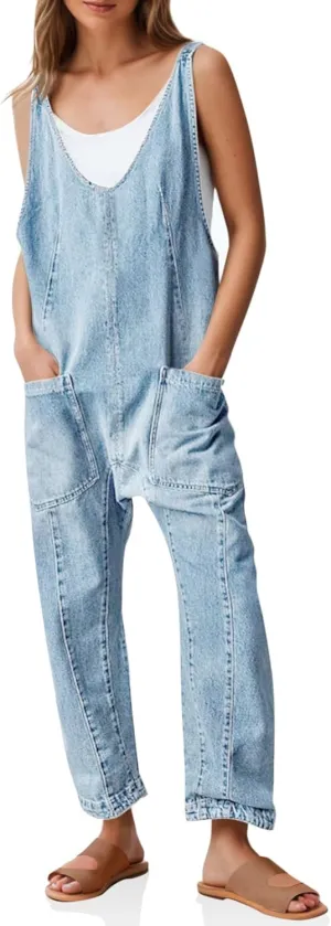 PLNOTME Women's Denim Overall Jumpsuits Sleeveless V Neck Adjustable Straps Jeans Long Pants Rompers