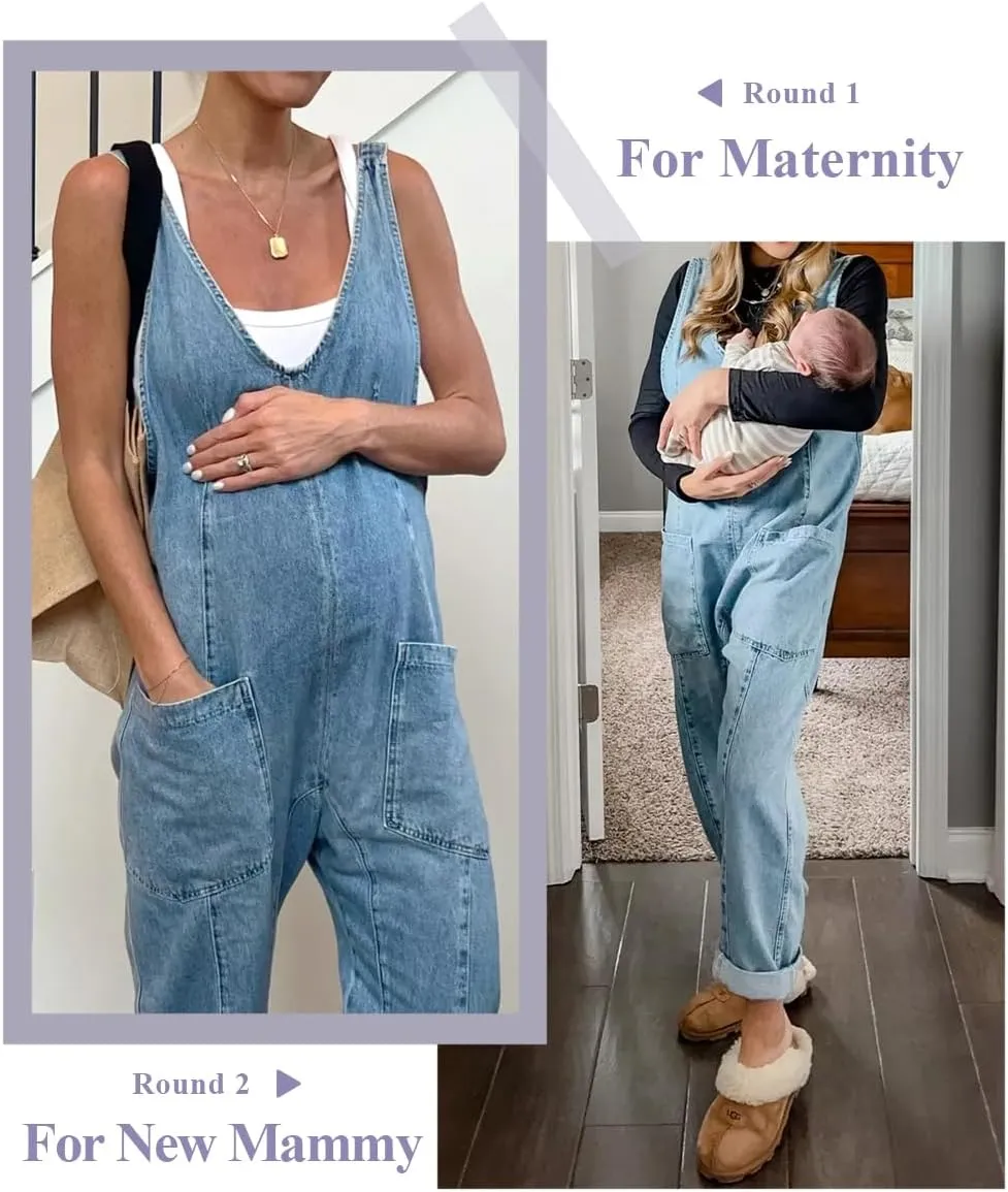 PLNOTME Women's Denim Overall Jumpsuits Sleeveless V Neck Adjustable Straps Jeans Long Pants Rompers