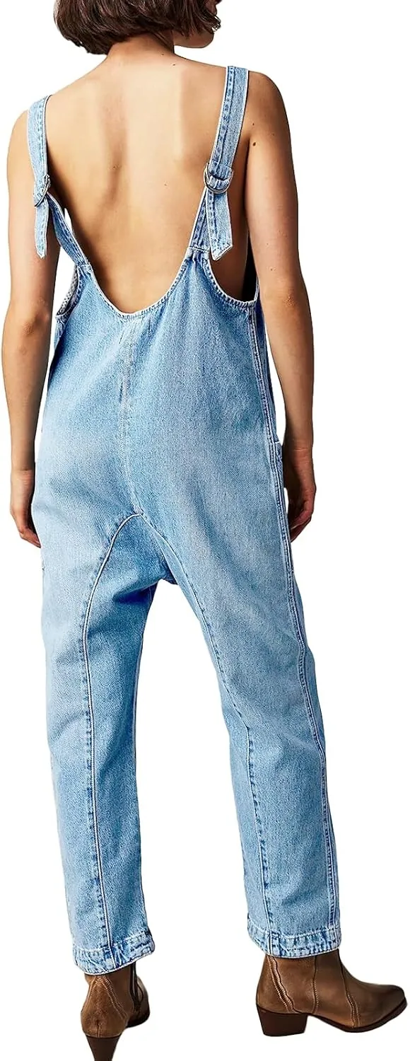 PLNOTME Women's Denim Overall Jumpsuits Sleeveless V Neck Adjustable Straps Jeans Long Pants Rompers