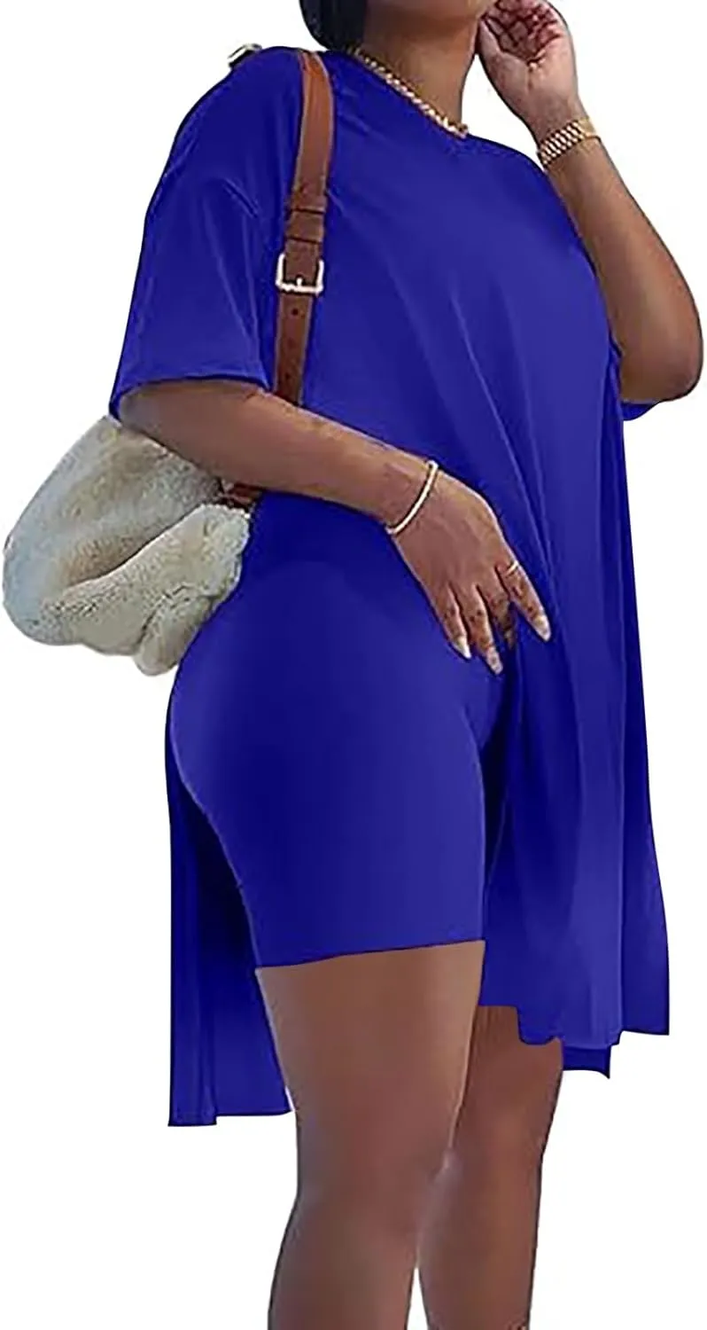 Plus Size 2 Piece Athletic Dress for Women Summer Outfits Tops and Skinny Biker Shorts Sets Tracksuits