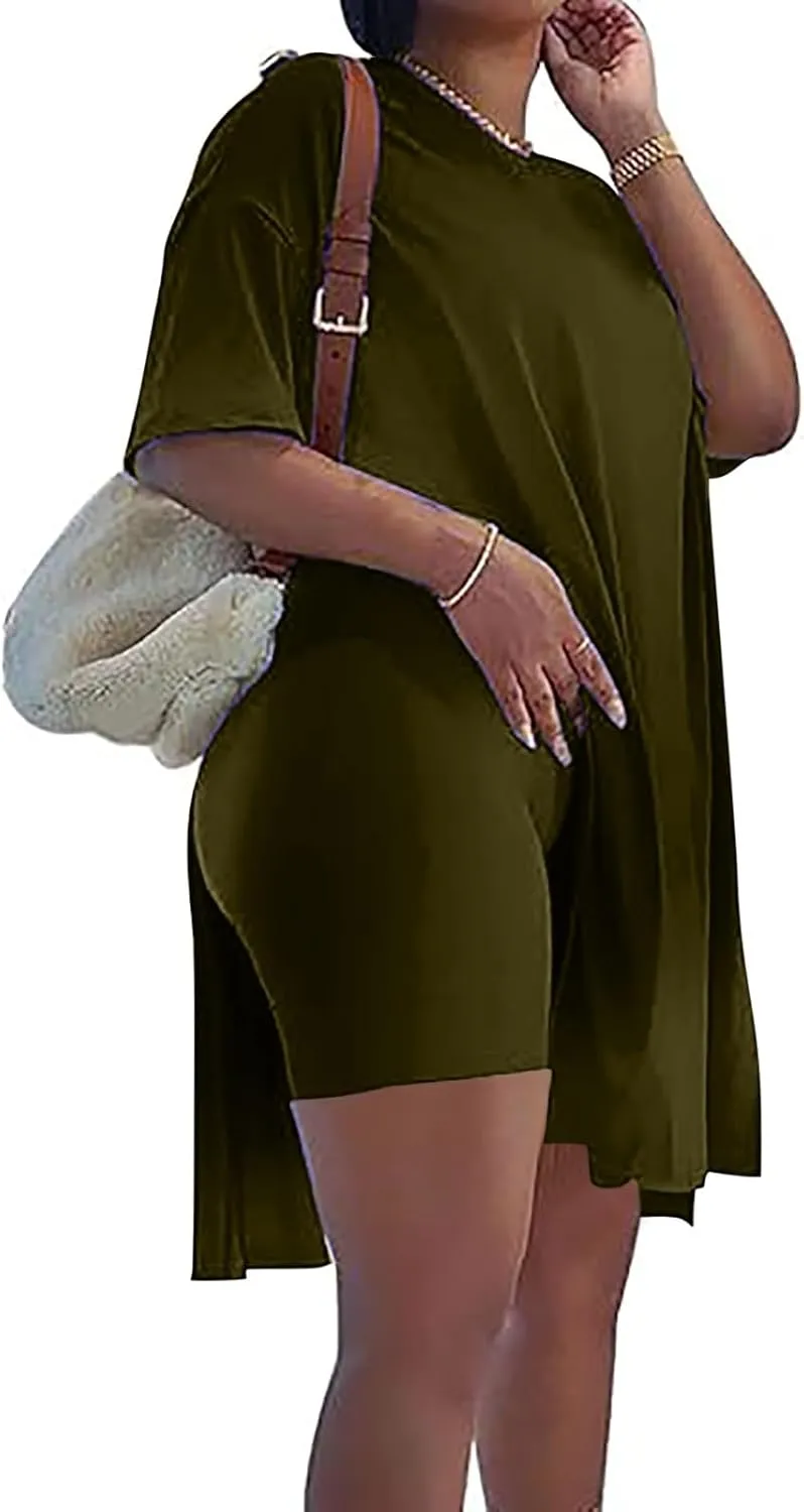 Plus Size 2 Piece Athletic Dress for Women Summer Outfits Tops and Skinny Biker Shorts Sets Tracksuits