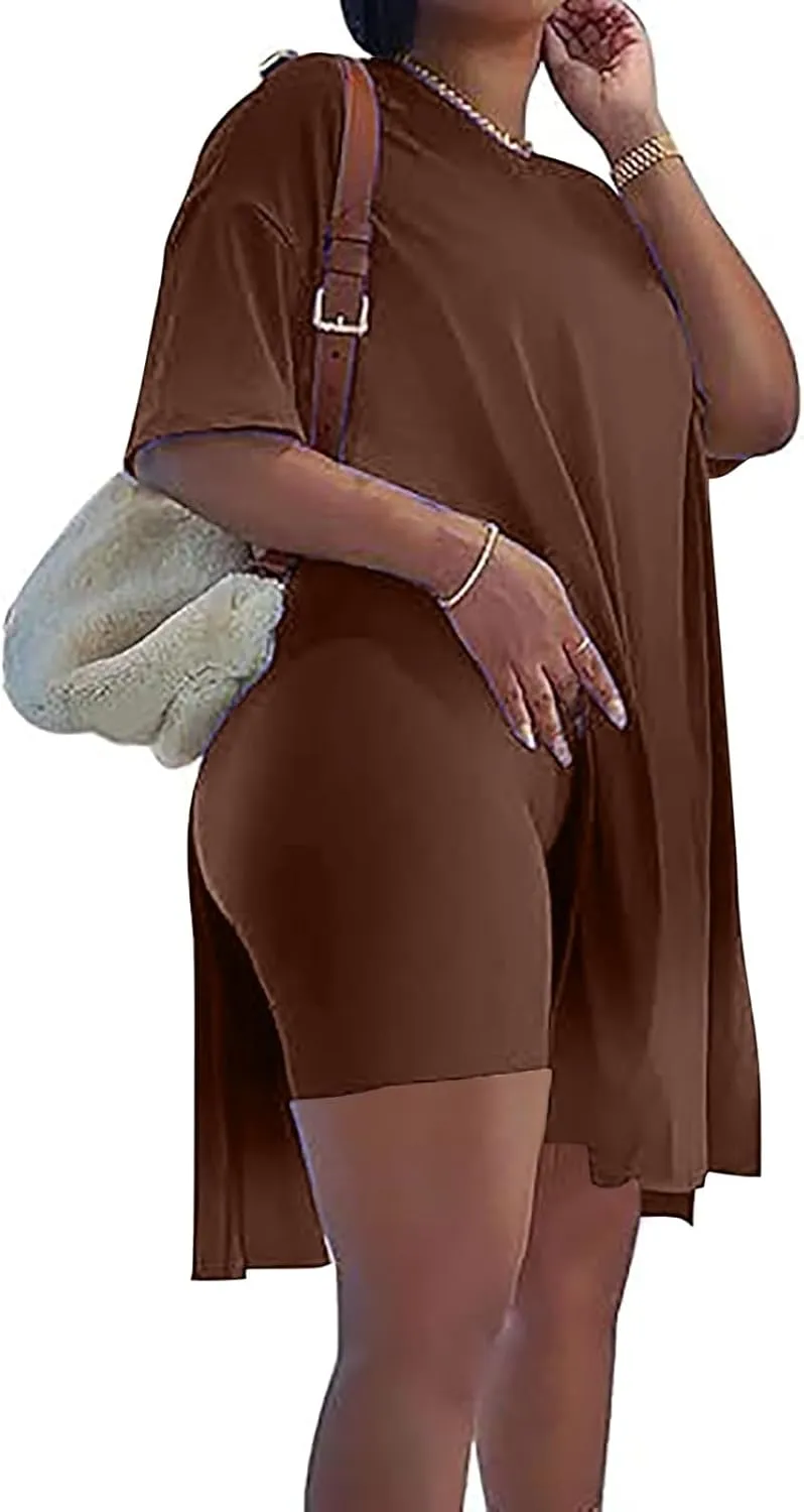 Plus Size 2 Piece Athletic Dress for Women Summer Outfits Tops and Skinny Biker Shorts Sets Tracksuits