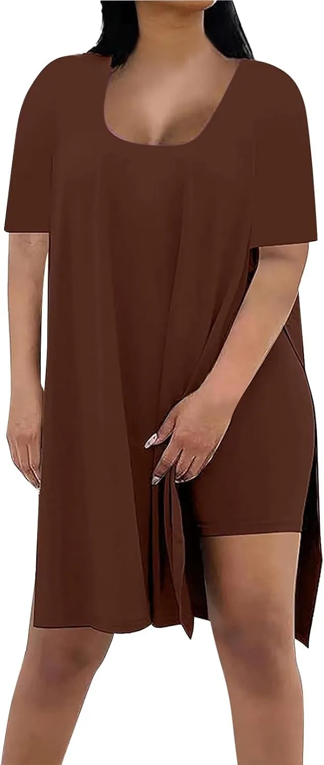 Plus Size 2 Piece Athletic Dress for Women Summer Outfits Tops and Skinny Biker Shorts Sets Tracksuits