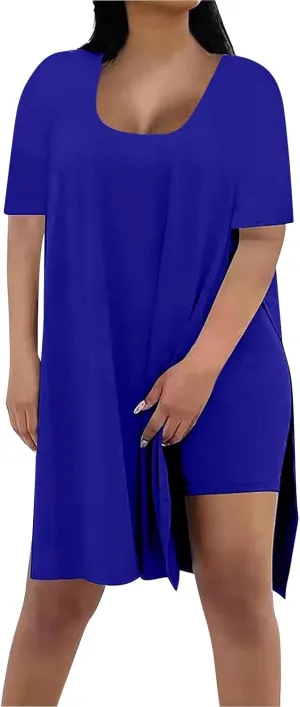 Plus Size 2 Piece Athletic Dress for Women Summer Outfits Tops and Skinny Biker Shorts Sets Tracksuits
