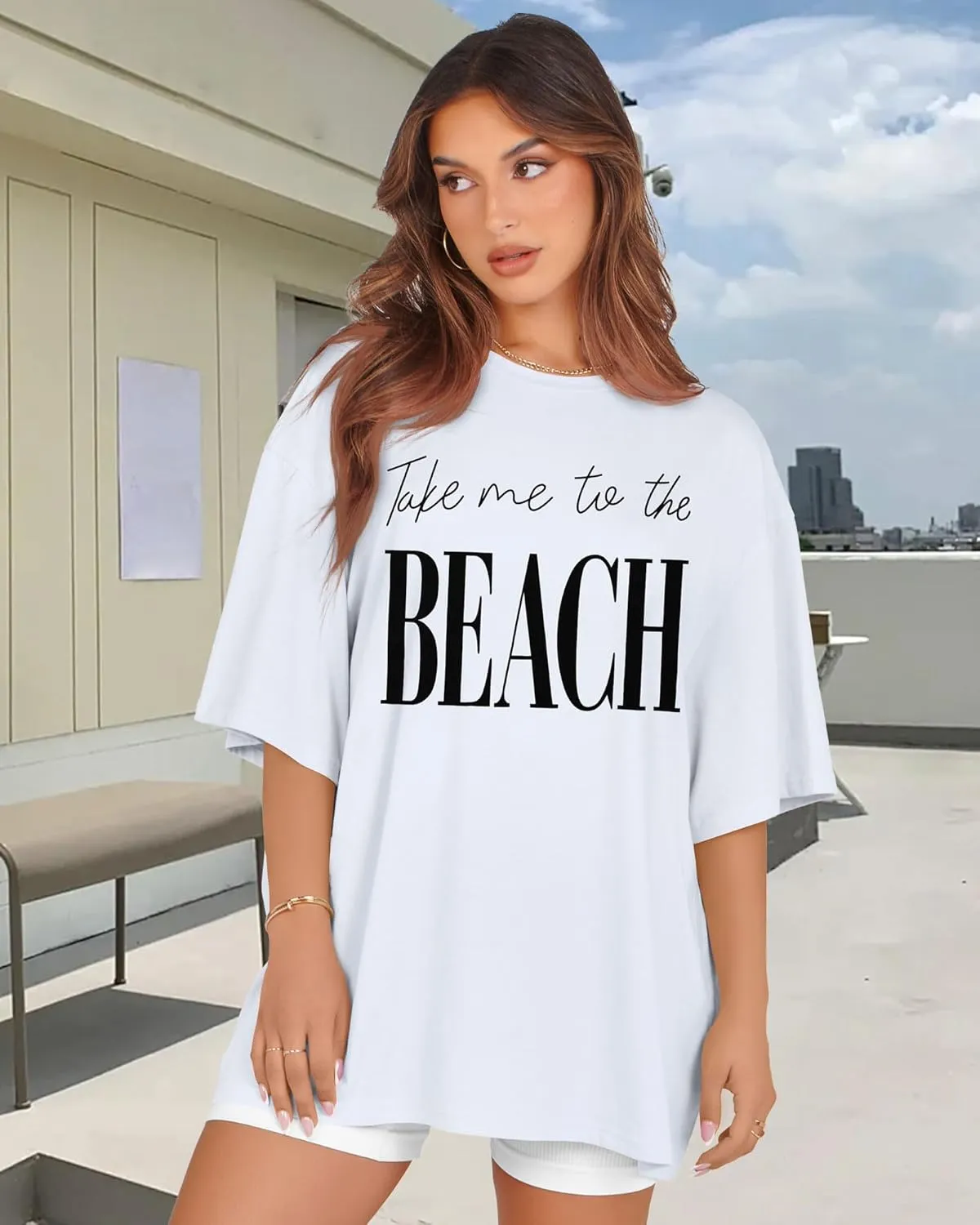 rosemia Oversized Tshirts for Women Summer Short Sleeve Round Neck Graphic Tee Shirt