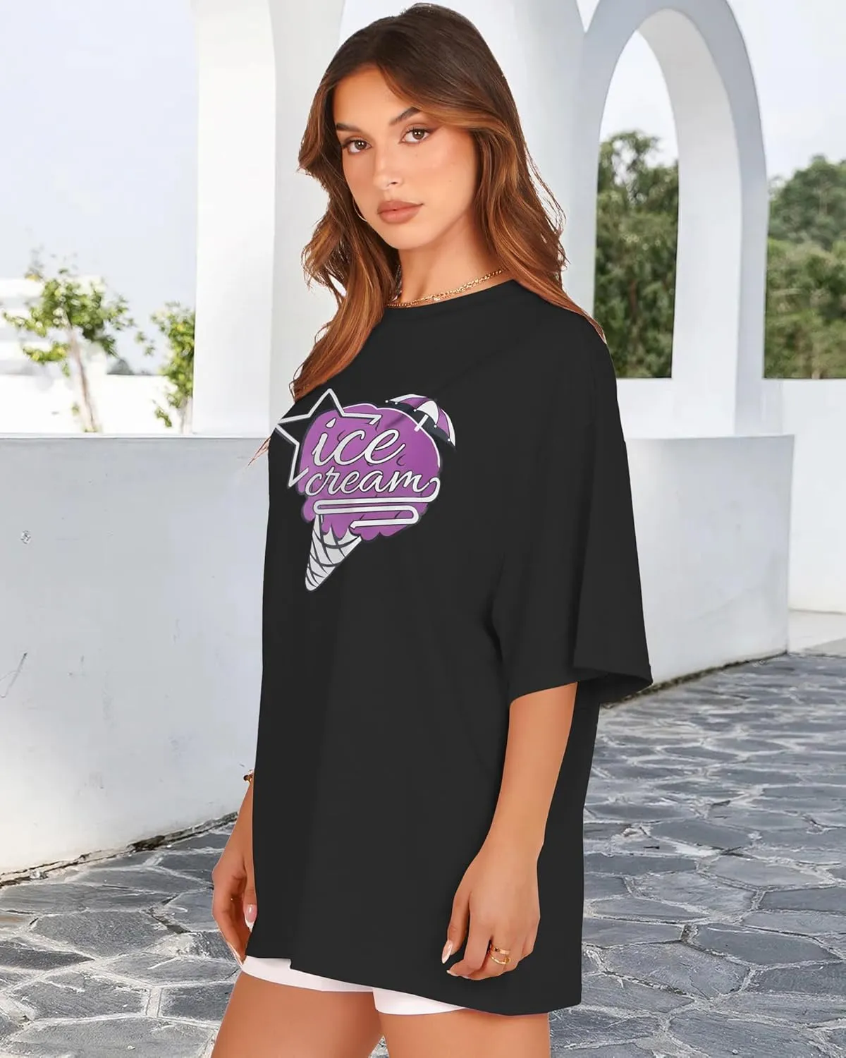 rosemia Oversized Tshirts for Women Summer Short Sleeve Round Neck Graphic Tee Shirt