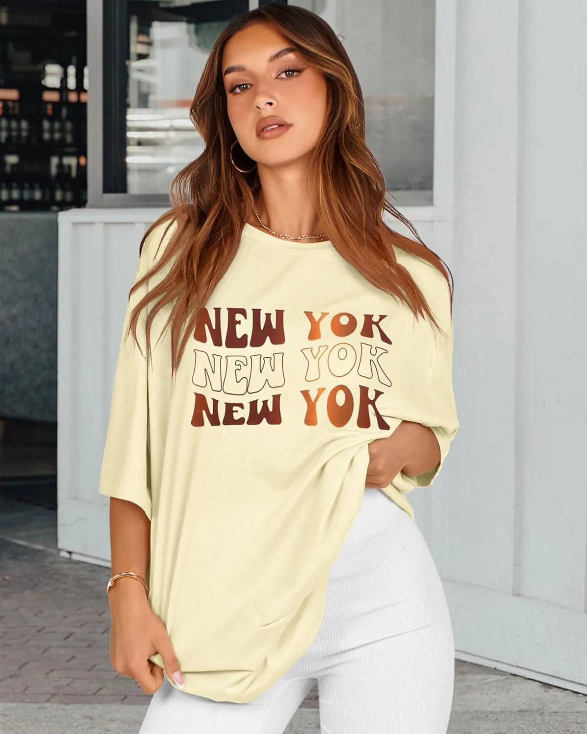 rosemia Oversized Tshirts for Women Summer Short Sleeve Round Neck Graphic Tee Shirt