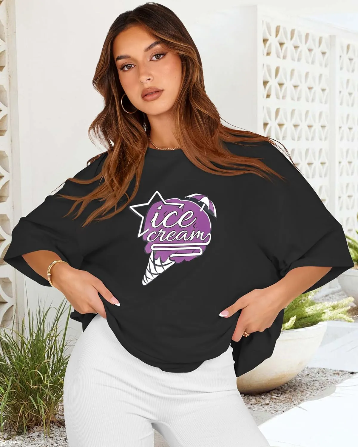 rosemia Oversized Tshirts for Women Summer Short Sleeve Round Neck Graphic Tee Shirt