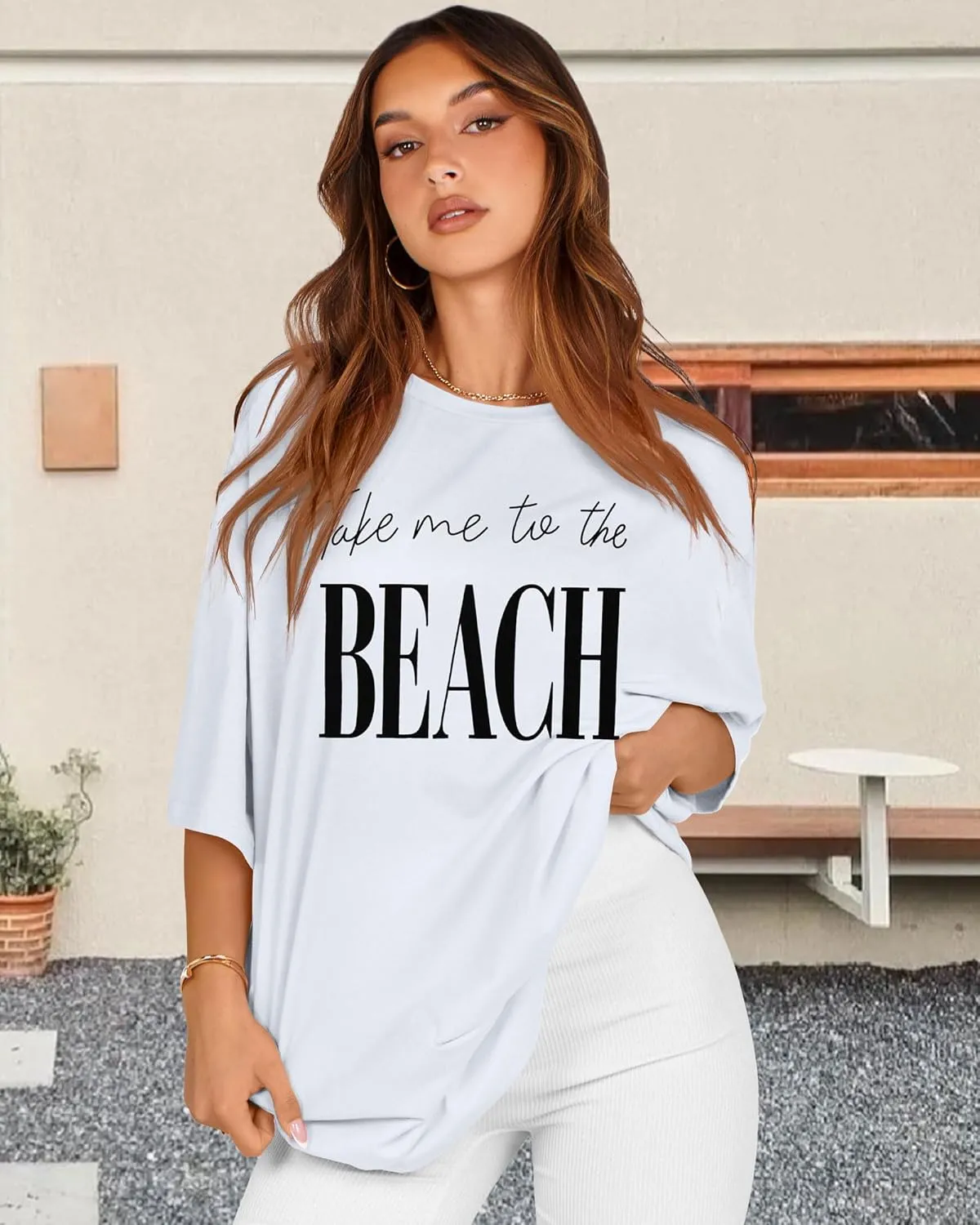 rosemia Oversized Tshirts for Women Summer Short Sleeve Round Neck Graphic Tee Shirt