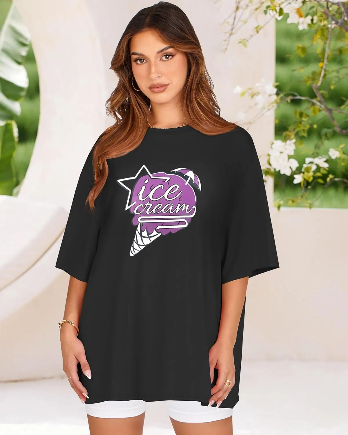rosemia Oversized Tshirts for Women Summer Short Sleeve Round Neck Graphic Tee Shirt
