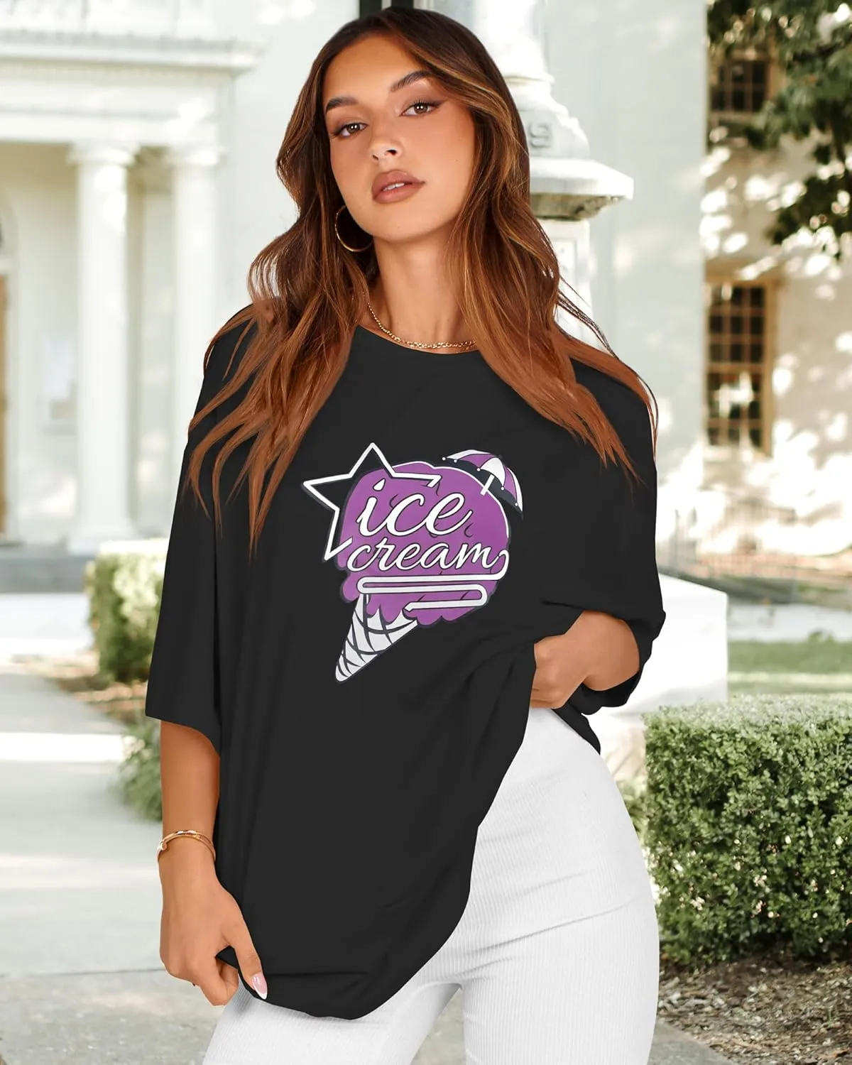 rosemia Oversized Tshirts for Women Summer Short Sleeve Round Neck Graphic Tee Shirt