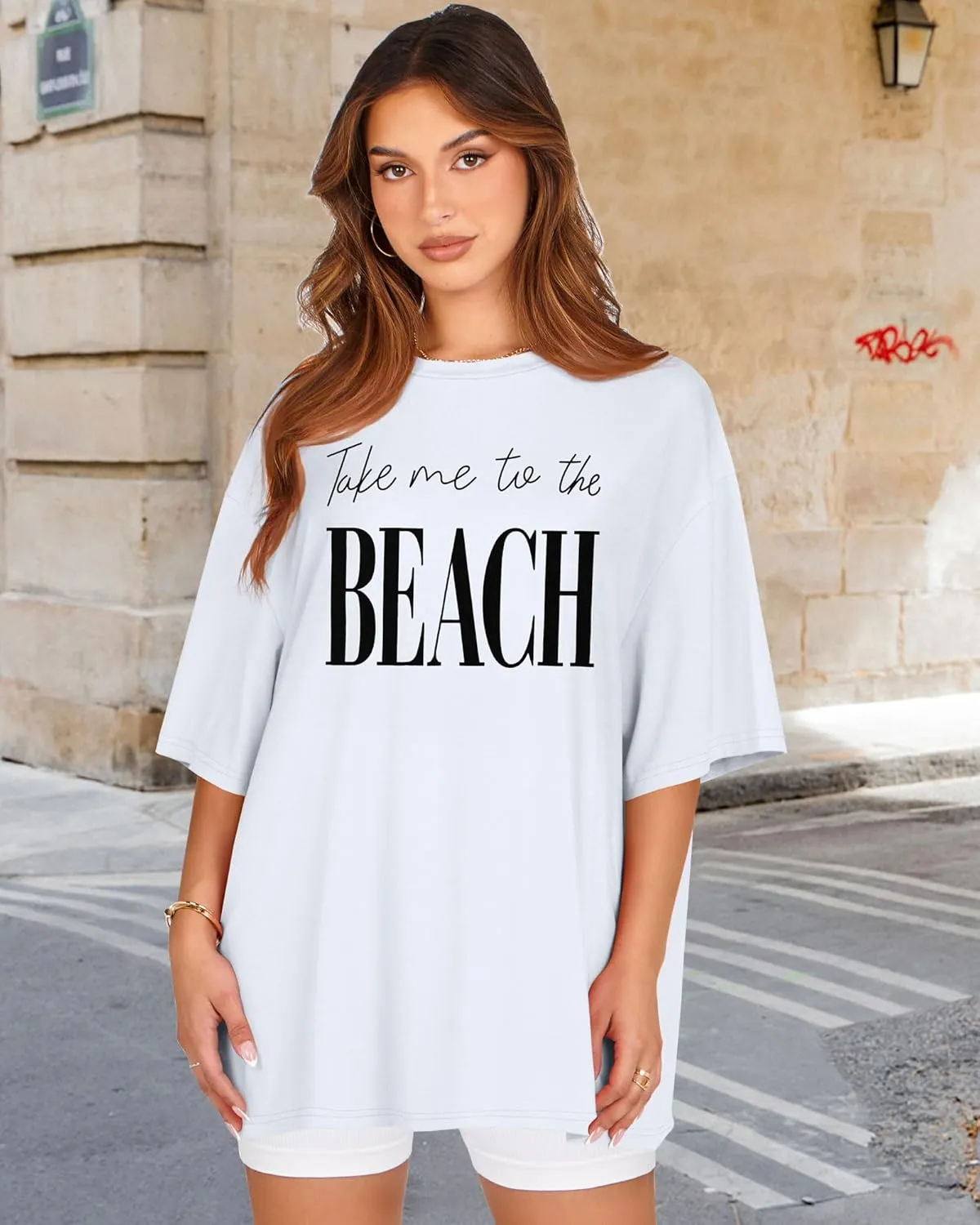 rosemia Oversized Tshirts for Women Summer Short Sleeve Round Neck Graphic Tee Shirt
