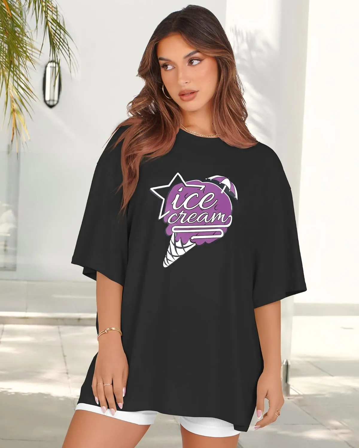rosemia Oversized Tshirts for Women Summer Short Sleeve Round Neck Graphic Tee Shirt