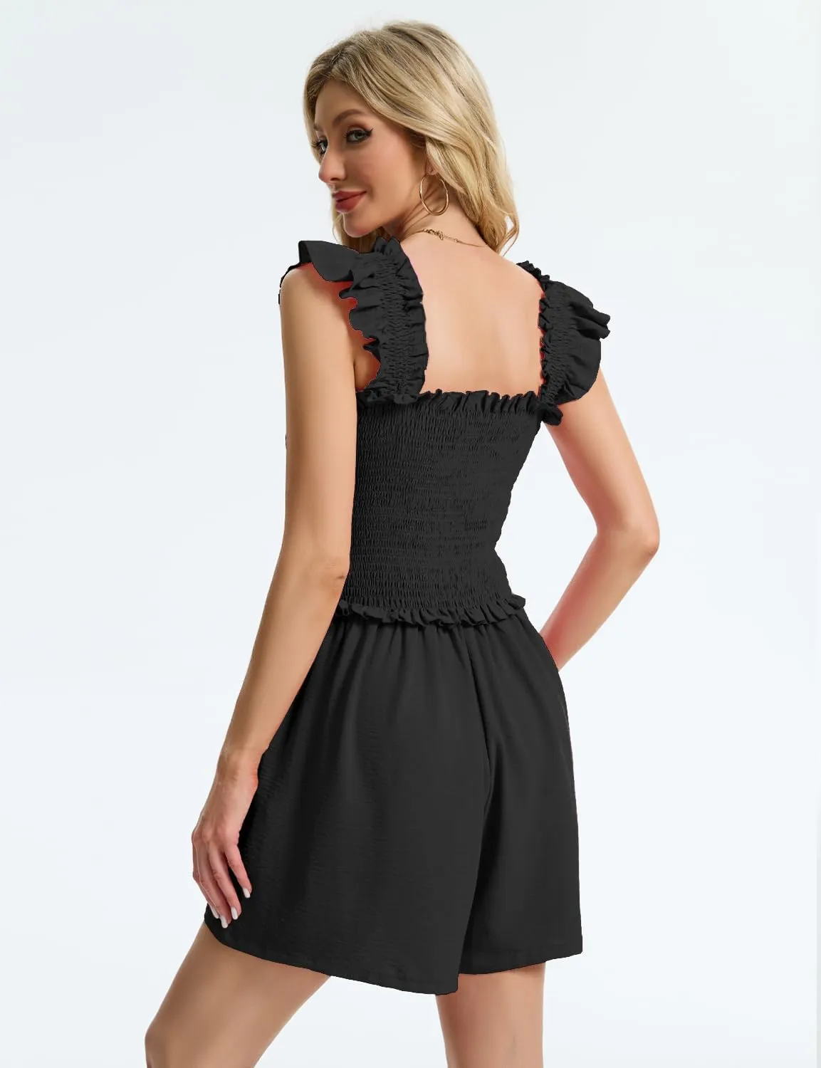 ROYLAMP Women's Summer Casual Loose Short Jumpsuit Ruffle Shoulder Square Neck Romper Elegant Beach Outfits with Pockets