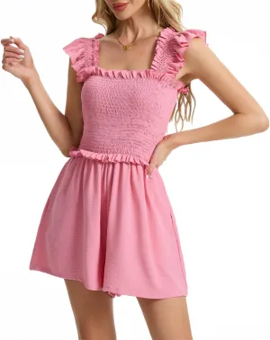 ROYLAMP Women's Summer Casual Loose Short Jumpsuit Ruffle Shoulder Square Neck Romper Elegant Beach Outfits with Pockets