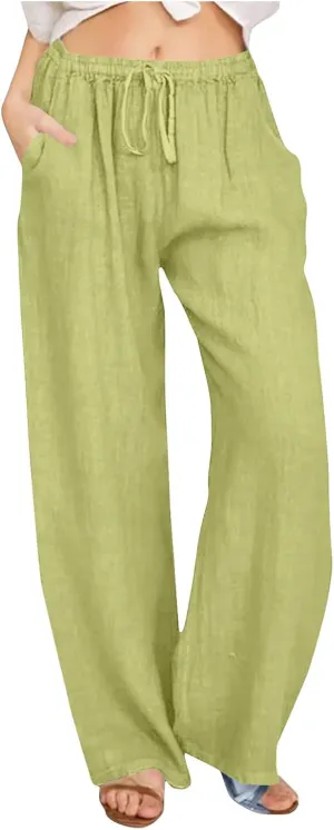 Ruziyoog Womens Cotton Linen Palazzo Pants Drawstring Elastic Waist Casual Wide Leg Beach Pants Summer Loose Fit Trousers