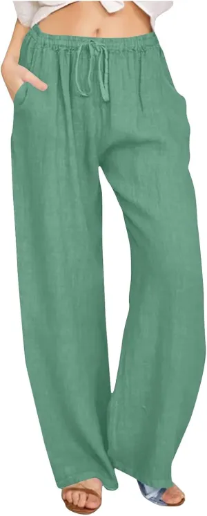 Ruziyoog Womens Cotton Linen Palazzo Pants Drawstring Elastic Waist Casual Wide Leg Beach Pants Summer Loose Fit Trousers