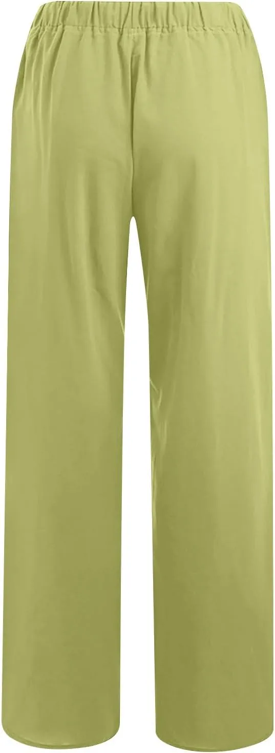 Ruziyoog Womens Cotton Linen Palazzo Pants Drawstring Elastic Waist Casual Wide Leg Beach Pants Summer Loose Fit Trousers