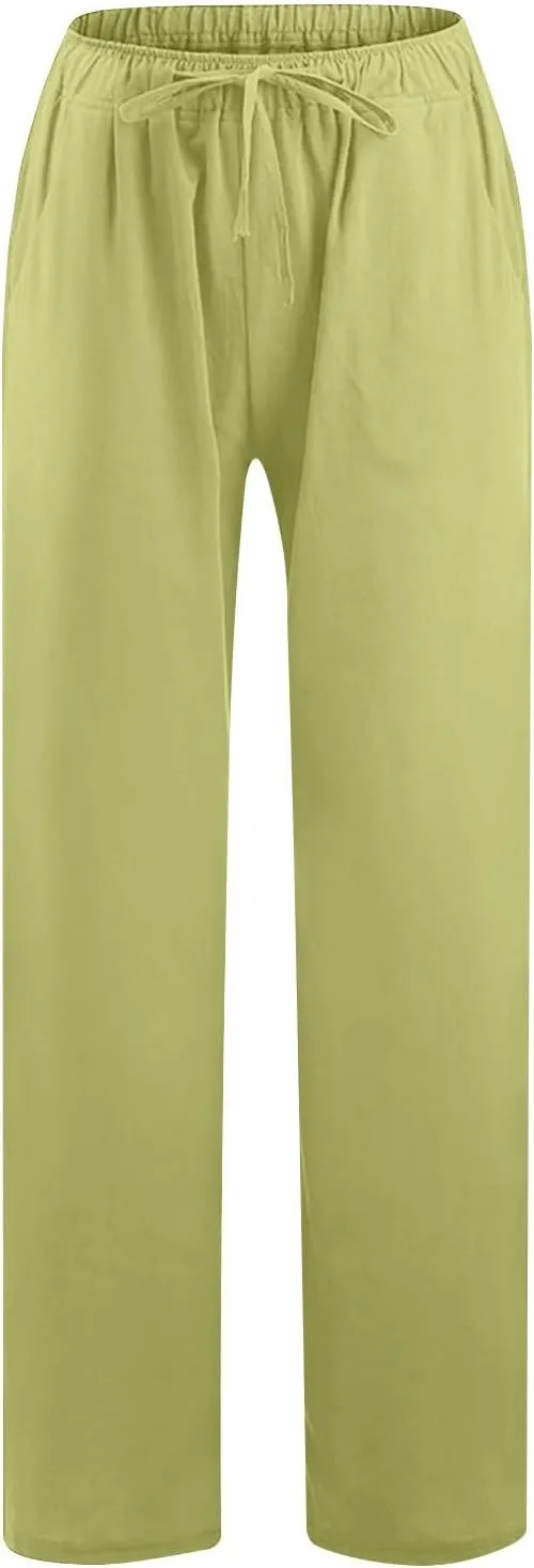 Ruziyoog Womens Cotton Linen Palazzo Pants Drawstring Elastic Waist Casual Wide Leg Beach Pants Summer Loose Fit Trousers