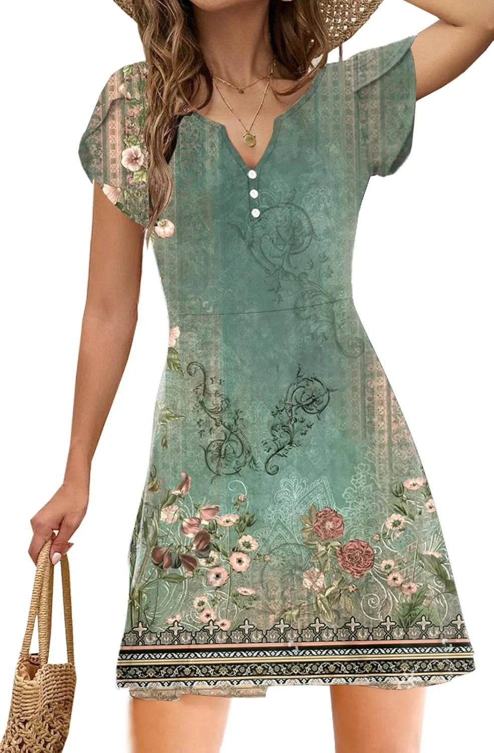 SAUKOLE Beach Dresses for Women 2024 Petal Sleeve Sexy Casual V Neck Summer Fashion T Shirt Sundress