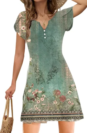 SAUKOLE Beach Dresses for Women 2024 Petal Sleeve Sexy Casual V Neck Summer Fashion T Shirt Sundress