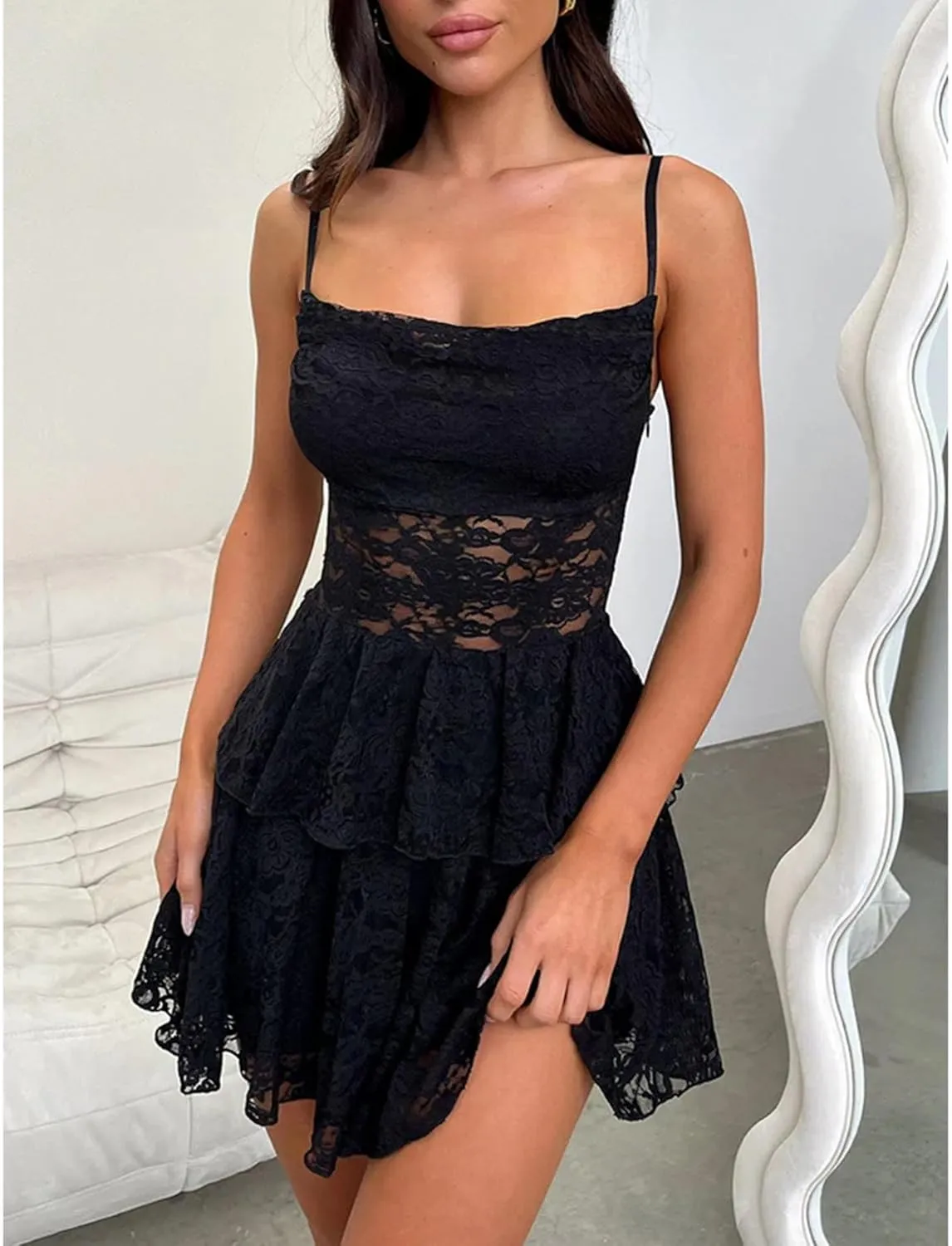 SEMATOMALA Women's Tie Back Spaghetti Strap Sheer Black Floral Lace Skater Mini Dress Ruffle A Line Short Dress