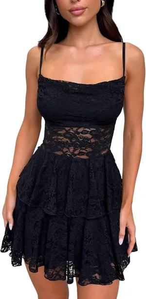 SEMATOMALA Women's Tie Back Spaghetti Strap Sheer Black Floral Lace Skater Mini Dress Ruffle A Line Short Dress
