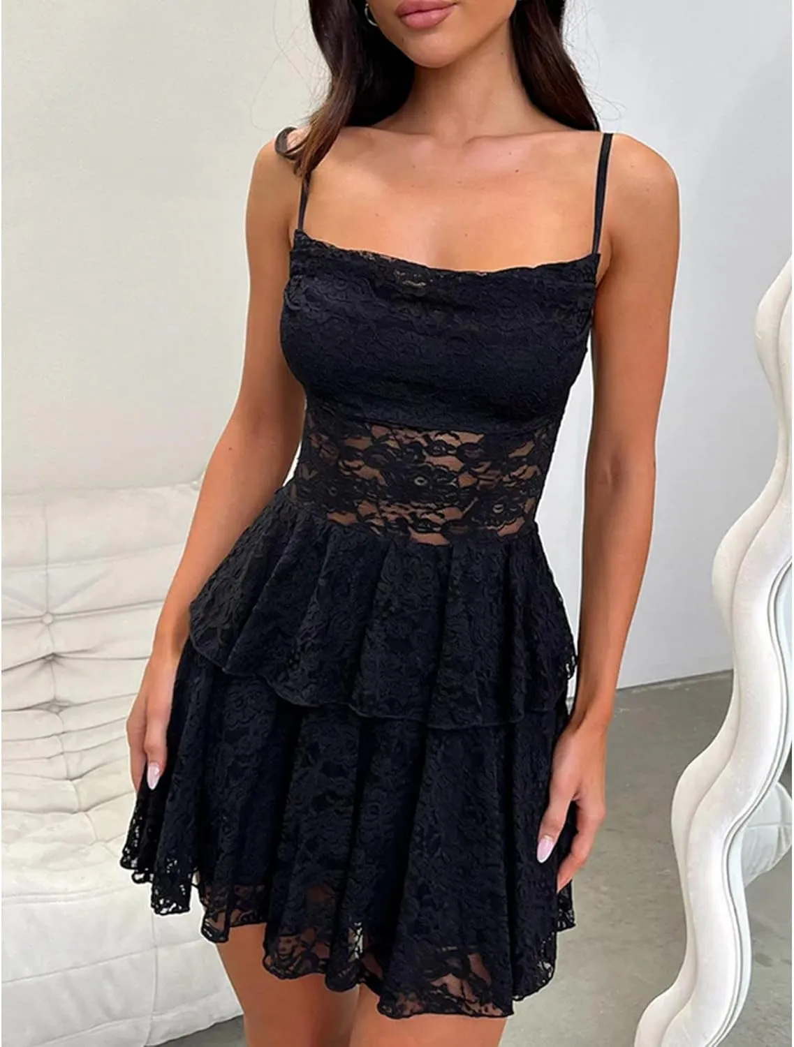 SEMATOMALA Women's Tie Back Spaghetti Strap Sheer Black Floral Lace Skater Mini Dress Ruffle A Line Short Dress