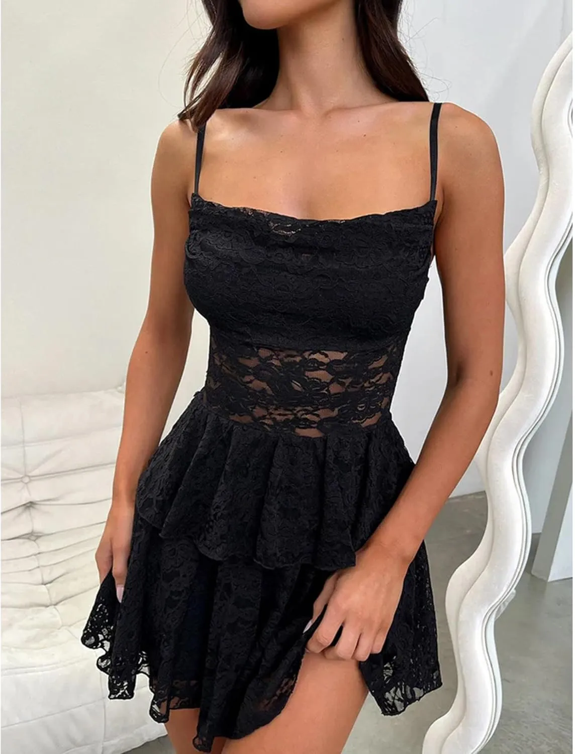 SEMATOMALA Women's Tie Back Spaghetti Strap Sheer Black Floral Lace Skater Mini Dress Ruffle A Line Short Dress