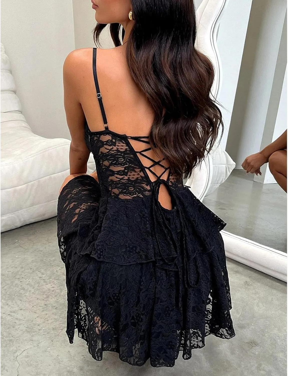 SEMATOMALA Women's Tie Back Spaghetti Strap Sheer Black Floral Lace Skater Mini Dress Ruffle A Line Short Dress