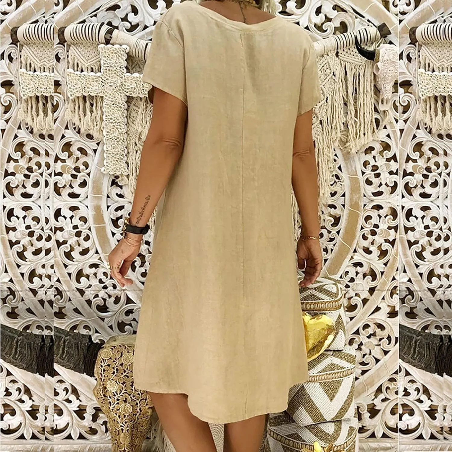 Summer Dresses for Women's Plus Size Short Sleeve Loose Cotton Linen Top Shirt Dress Ladies Knee Length Midi Sundress
