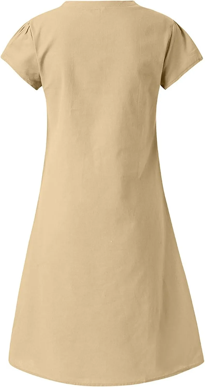 Summer Dresses for Women's Plus Size Short Sleeve Loose Cotton Linen Top Shirt Dress Ladies Knee Length Midi Sundress