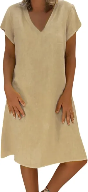 Summer Dresses for Women's Plus Size Short Sleeve Loose Cotton Linen Top Shirt Dress Ladies Knee Length Midi Sundress