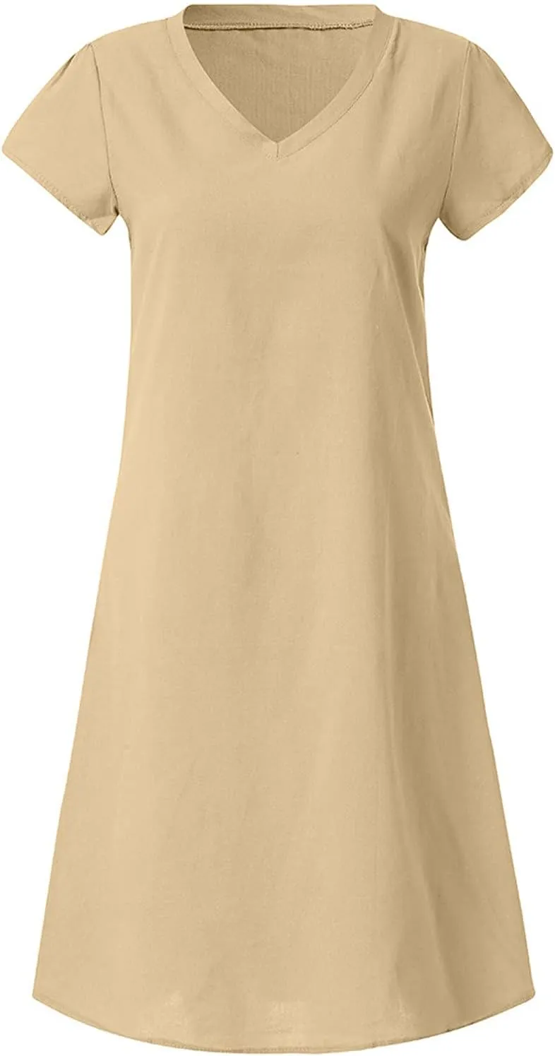Summer Dresses for Women's Plus Size Short Sleeve Loose Cotton Linen Top Shirt Dress Ladies Knee Length Midi Sundress