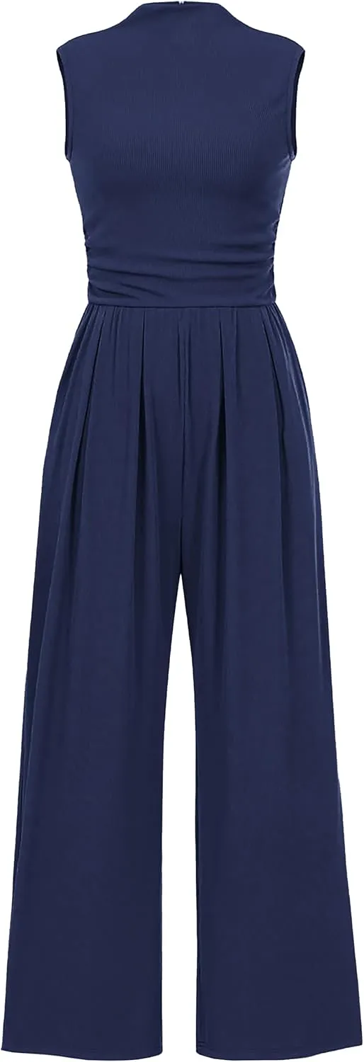 Tapata Women's Jumpsuits Dressy Casual One Piece Outfits Sleeveless Rompers Wide Leg Pants with Pockets