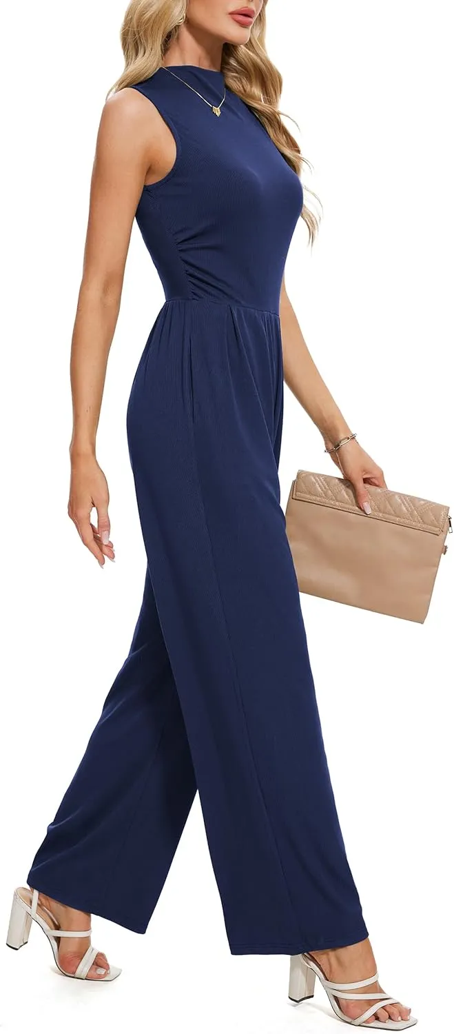 Tapata Women's Jumpsuits Dressy Casual One Piece Outfits Sleeveless Rompers Wide Leg Pants with Pockets
