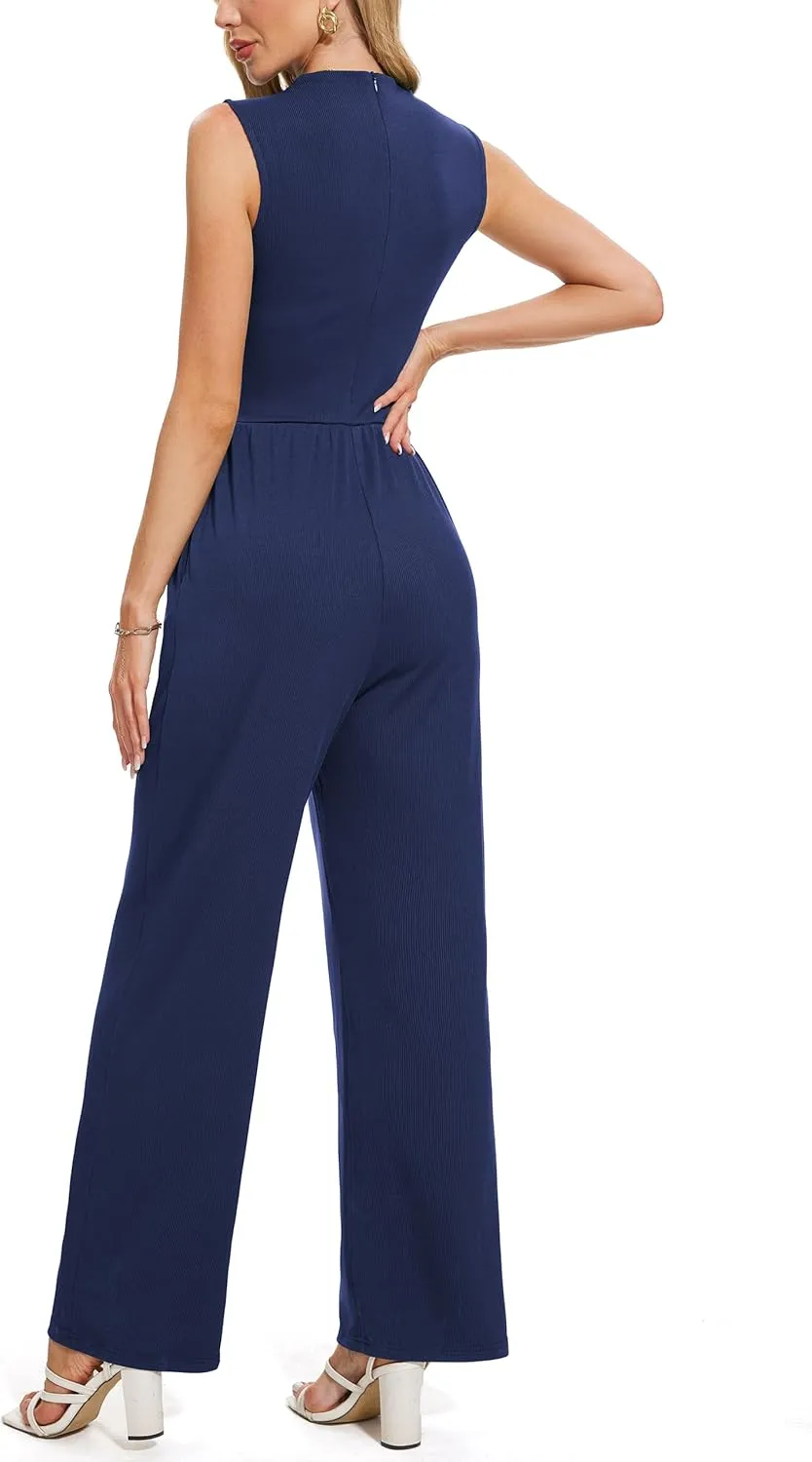Tapata Women's Jumpsuits Dressy Casual One Piece Outfits Sleeveless Rompers Wide Leg Pants with Pockets