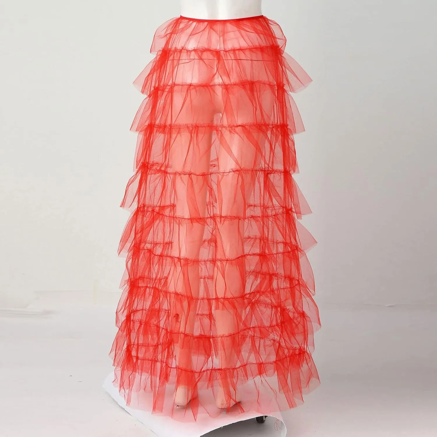 Tiered Skirts for Women High Waisted Sheer Mesh Midi Length Bohemian Skirt with Elastic Waist Flowy Chiffon Layers