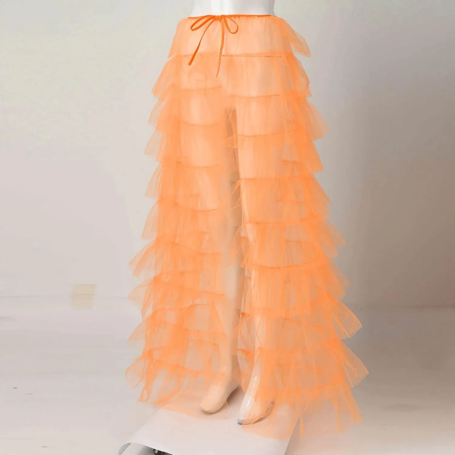 Tiered Skirts for Women High Waisted Sheer Mesh Midi Length Bohemian Skirt with Elastic Waist Flowy Chiffon Layers
