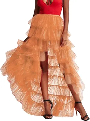 Tiered Skirts for Women High Waisted Sheer Mesh Midi Length Bohemian Skirt with Elastic Waist Flowy Chiffon Layers