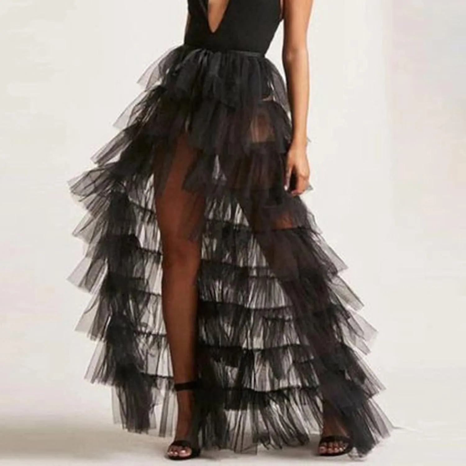 Tiered Skirts for Women High Waisted Sheer Mesh Midi Length Bohemian Skirt with Elastic Waist Flowy Chiffon Layers