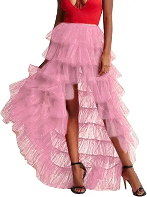 Tiered Skirts for Women High Waisted Sheer Mesh Midi Length Bohemian Skirt with Elastic Waist Flowy Chiffon Layers