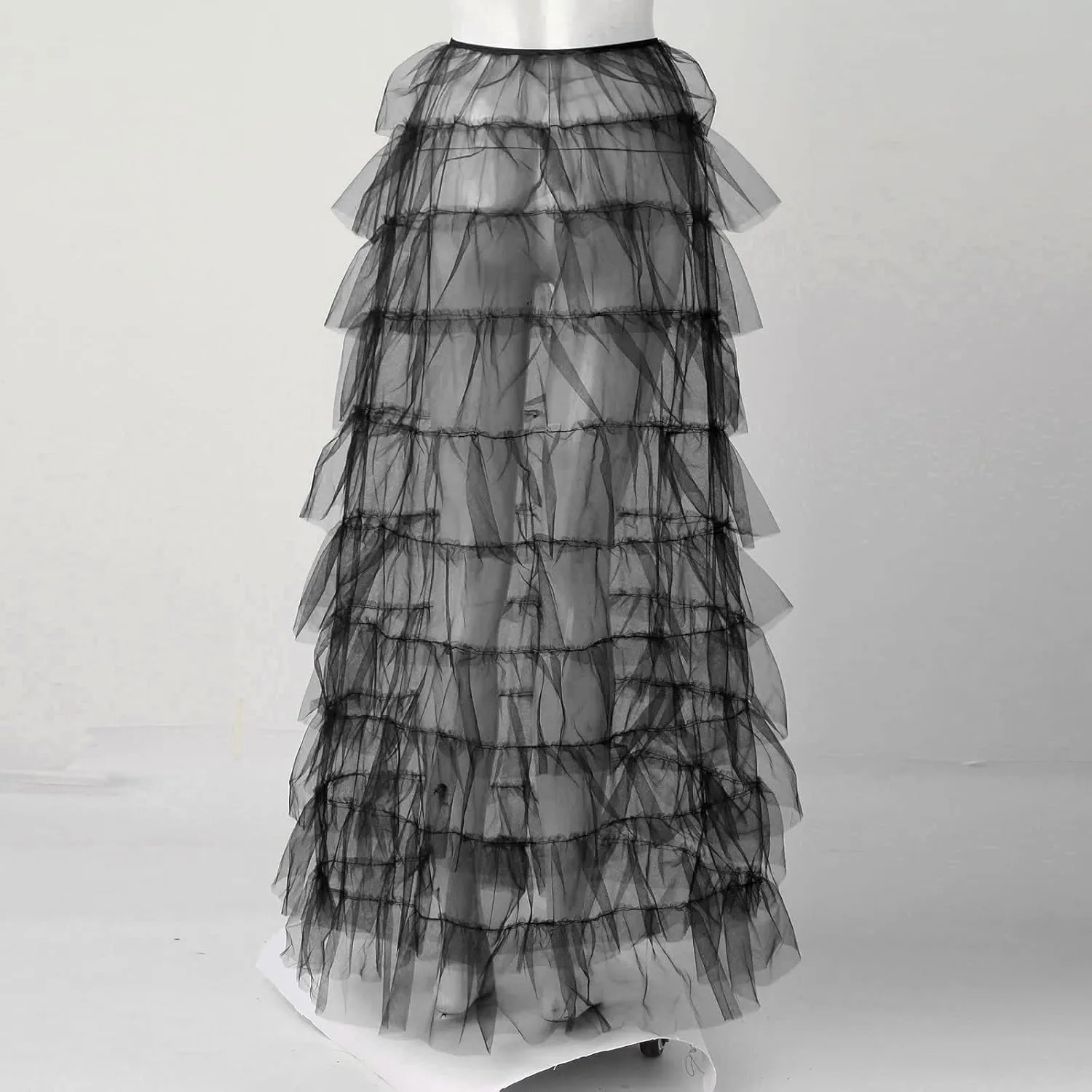 Tiered Skirts for Women High Waisted Sheer Mesh Midi Length Bohemian Skirt with Elastic Waist Flowy Chiffon Layers