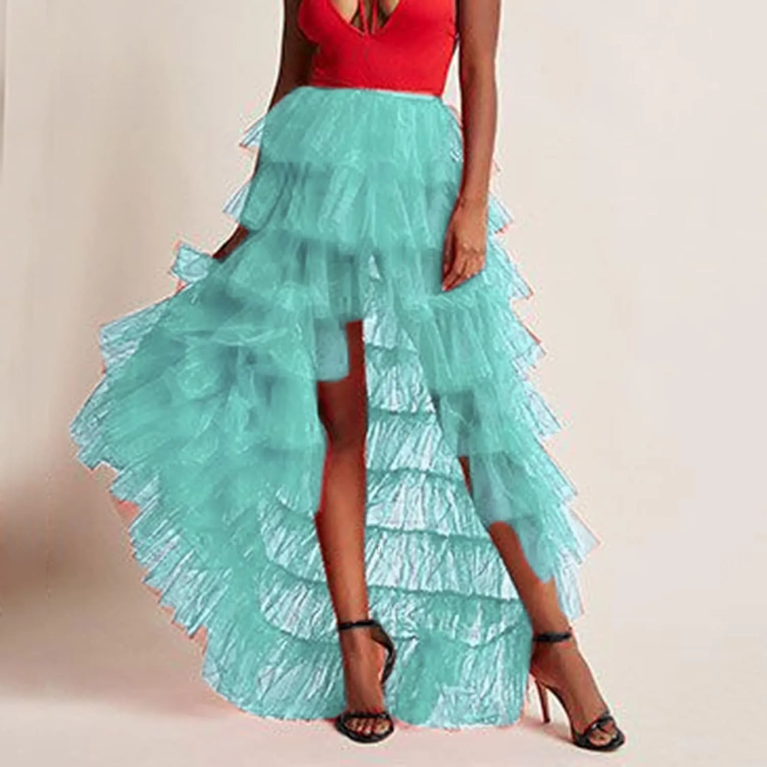 Tiered Skirts for Women High Waisted Sheer Mesh Midi Length Bohemian Skirt with Elastic Waist Flowy Chiffon Layers