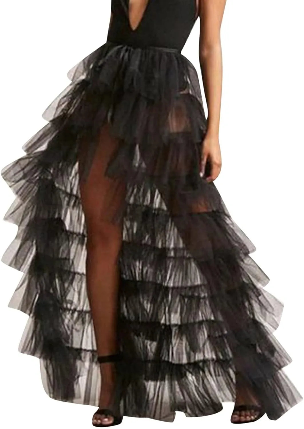 Tiered Skirts for Women High Waisted Sheer Mesh Midi Length Bohemian Skirt with Elastic Waist Flowy Chiffon Layers