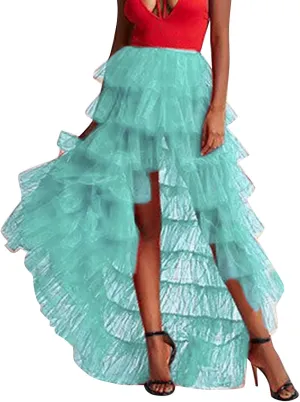 Tiered Skirts for Women High Waisted Sheer Mesh Midi Length Bohemian Skirt with Elastic Waist Flowy Chiffon Layers