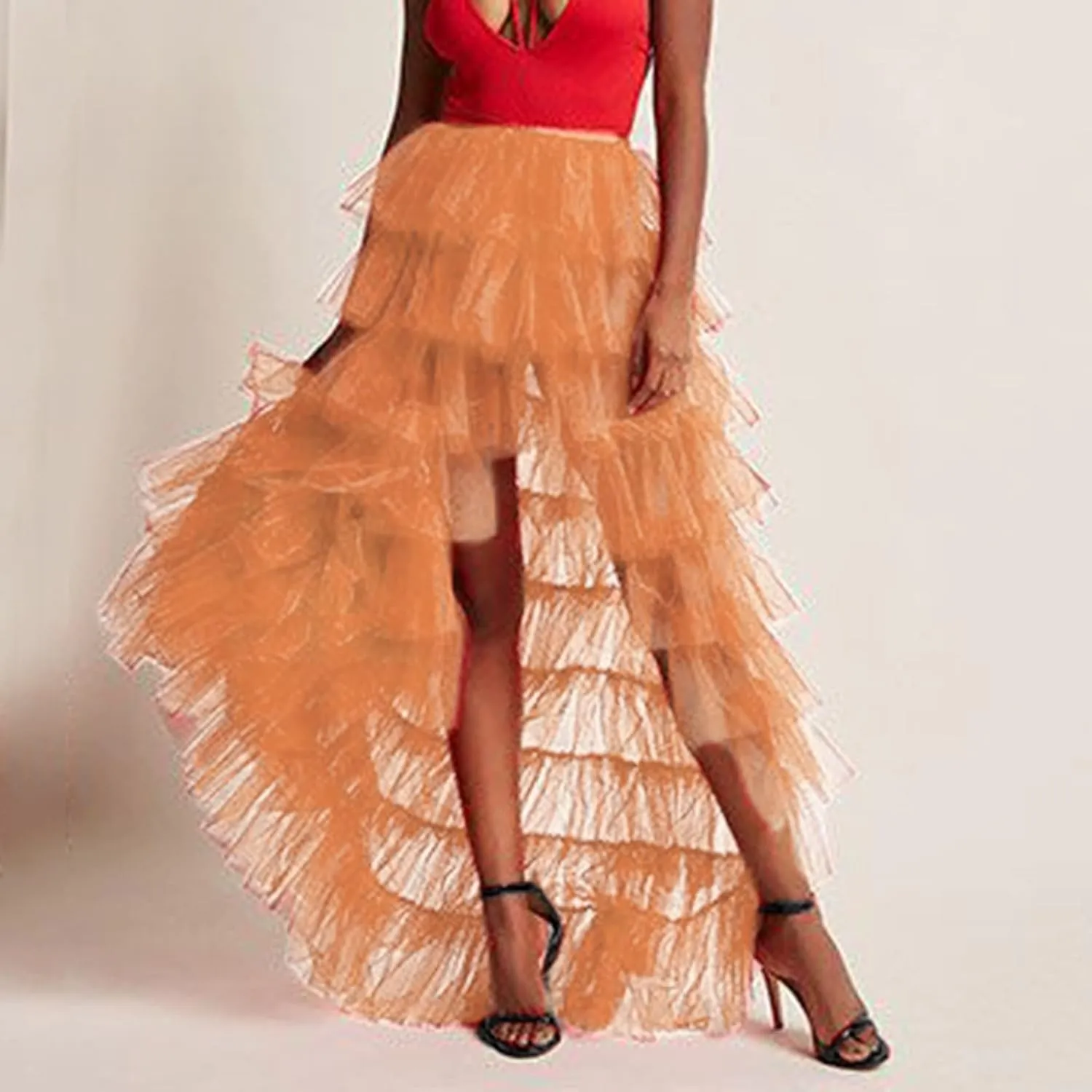 Tiered Skirts for Women High Waisted Sheer Mesh Midi Length Bohemian Skirt with Elastic Waist Flowy Chiffon Layers
