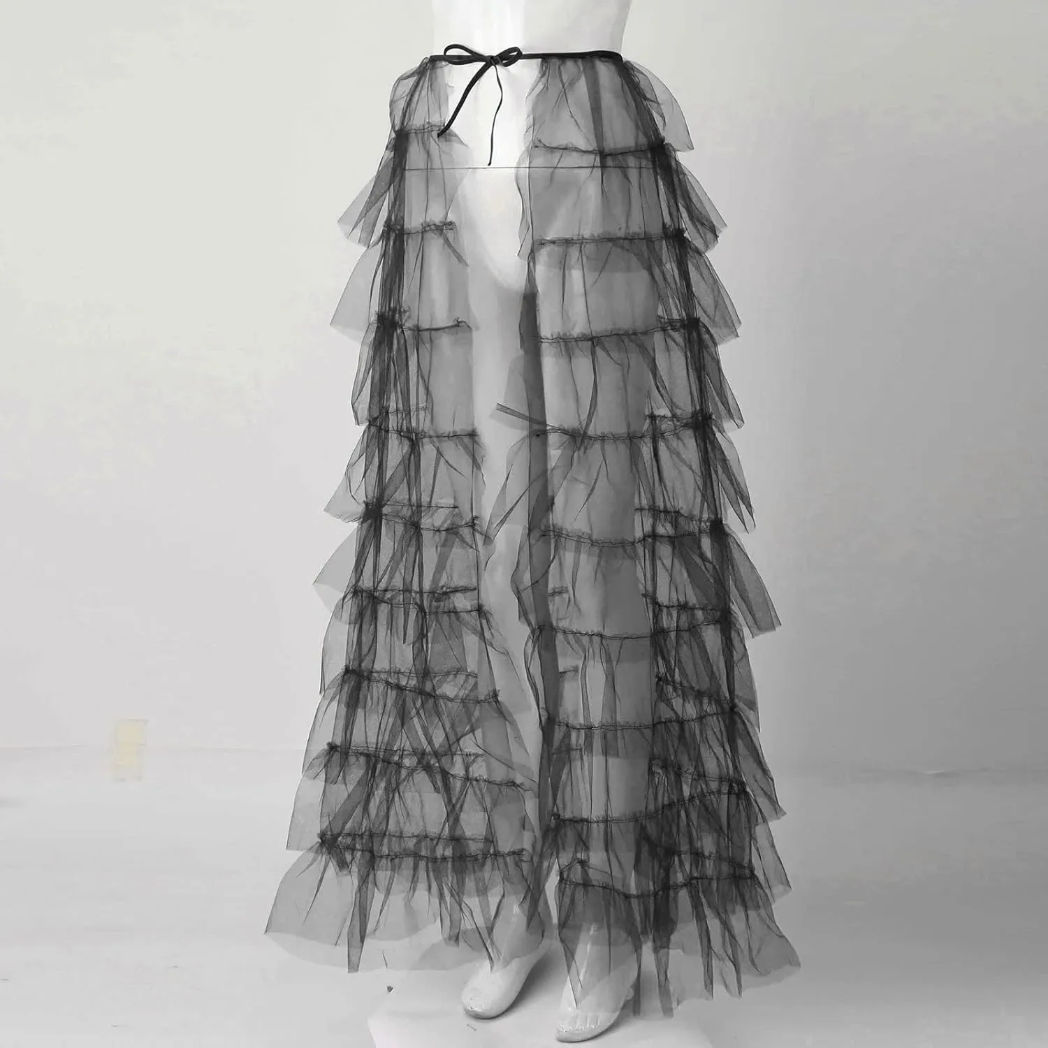 Tiered Skirts for Women High Waisted Sheer Mesh Midi Length Bohemian Skirt with Elastic Waist Flowy Chiffon Layers